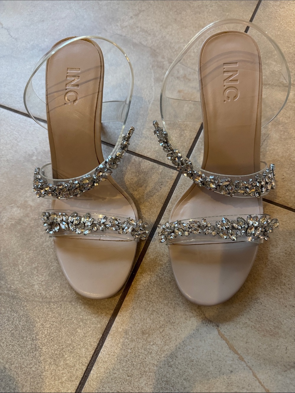 INC International Concepts Nude (Beige) Crystal-Embellished Clear Strap Heels